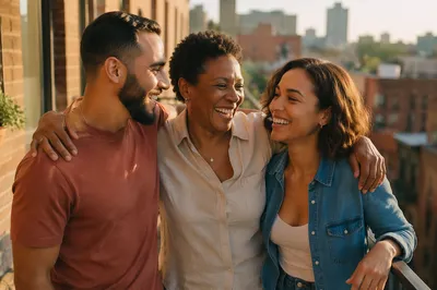 Three Adult Siblings Laughing on Balcony