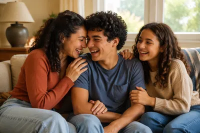 Three Siblings Laughing on Living Room Sofa