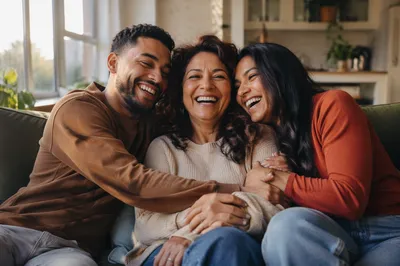 Three Adult Siblings Laughing on Sofa