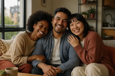 Three Adult Siblings Laughing on Sofa