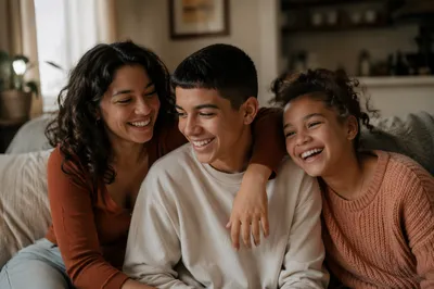 Three Siblings Laughing on Cozy Sofa