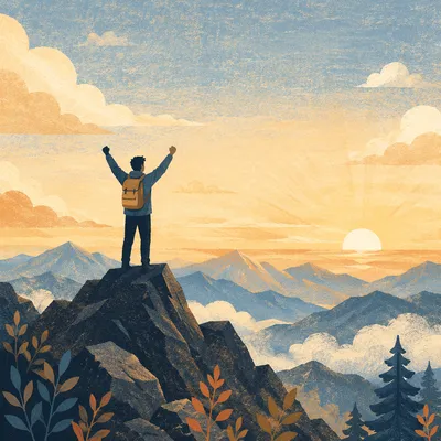 Silhouette Hiker Victory on Mountain Summit