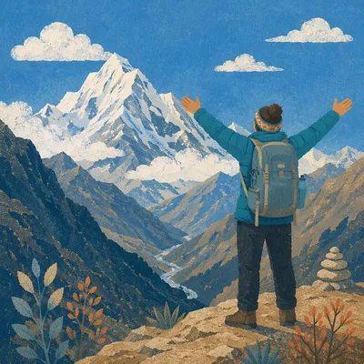 Triumphant Hiker Raising Arms on Mountain