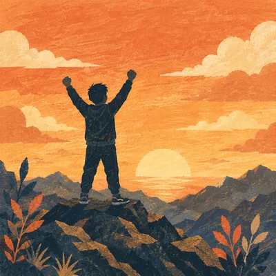 Triumphant Silhouette on Mountain at Sunset