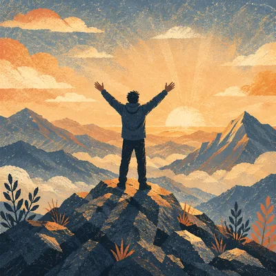Victory Silhouette on Mountain Summit Sunrise