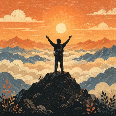 Triumphant Silhouette on Mountain Summit at Sunrise