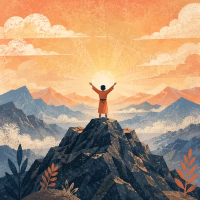 Silhouette Victory on Mountain Summit Sunrise