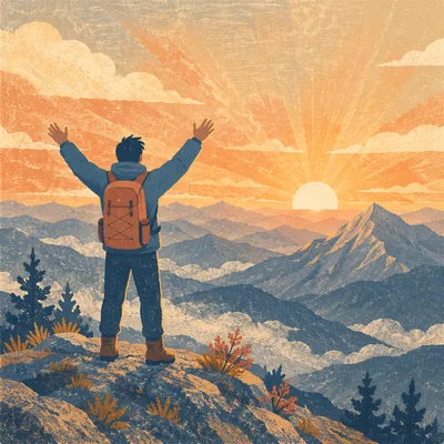 Silhouette Victory on Mountain Summit Sunrise