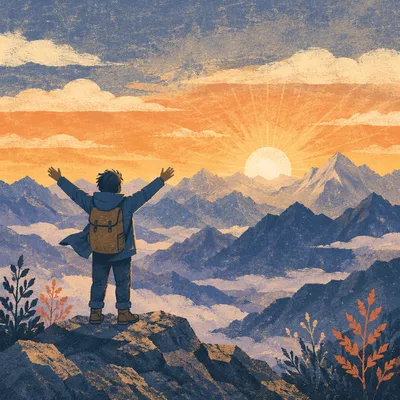 Silhouette Victory on Mountain Summit Sunrise