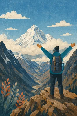Triumphant Hiker Raising Arms on Mountain