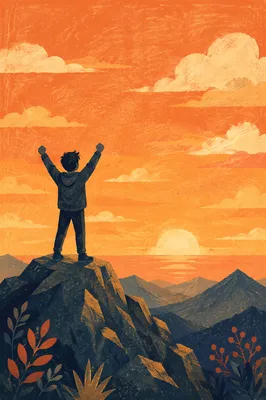 Triumphant Silhouette on Mountain at Sunset