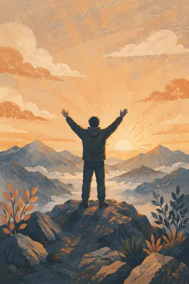 Victory Silhouette on Mountain at Sunrise