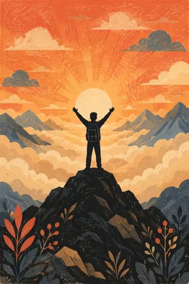 Triumphant Silhouette on Mountain Summit