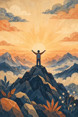 Silhouette Victory on Mountain Summit Sunrise
