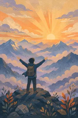 Silhouette Victory on Mountain at Sunrise