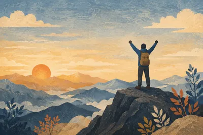 Silhouette Hiker Celebrating Victory on Mountain Summit