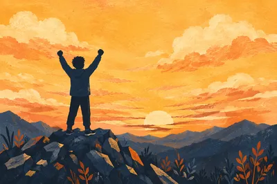 Silhouette Victory on Mountain at Sunset