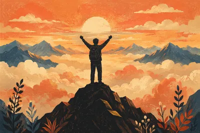 Triumphant Silhouette on Mountain Summit at Sunrise