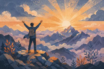 Silhouette Victory on Mountain Summit Sunrise