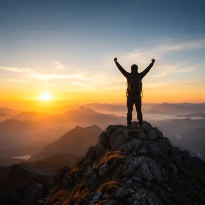 Silhouette Hiker Victory on Mountain Summit