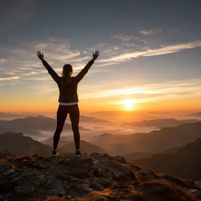 Silhouette Woman on Mountain at Sunrise