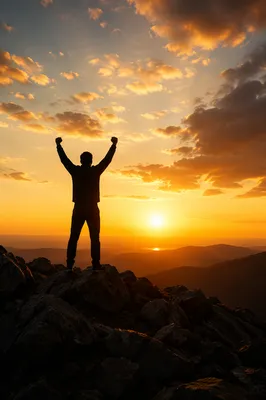 Silhouette Victory on Mountain at Sunset