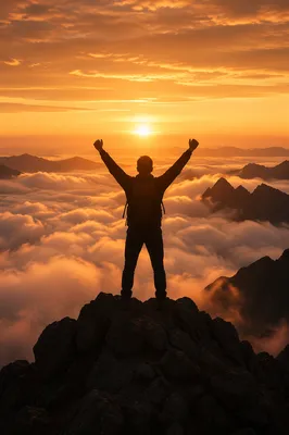 Silhouette Hiker Victory on Mountain Summit