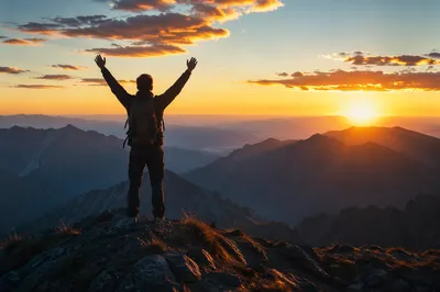 Silhouette Victory at Mountain Sunrise Summit