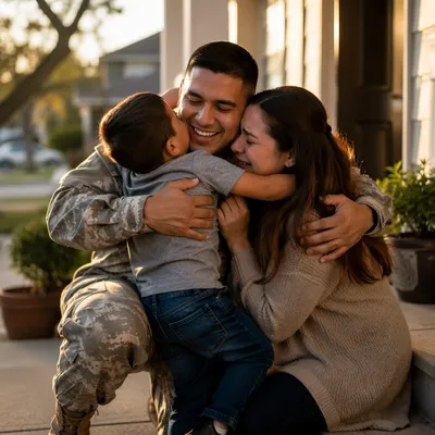 Soldier Reuniting with Family on Porch