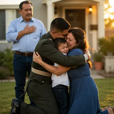 Emotional Soldier Family Homecoming in Front Yard