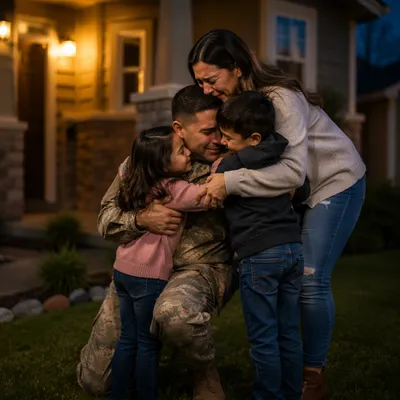 Soldier Reuniting With Family at Dusk
