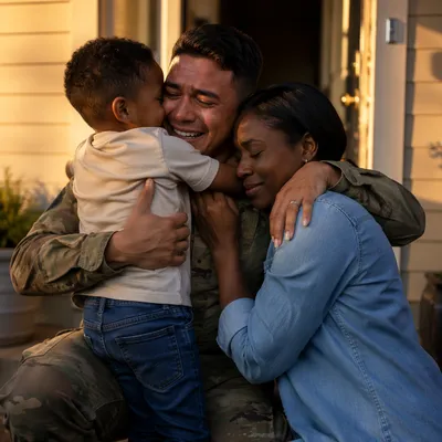 Emotional Family Reunion on Front Porch