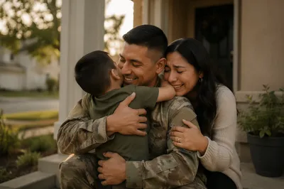 Soldier Reuniting With Family on Porch