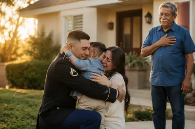 Emotional Soldier Family Reunion at Sunset