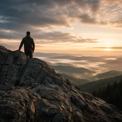 Lone Figure on Mountain Rock at Dawn