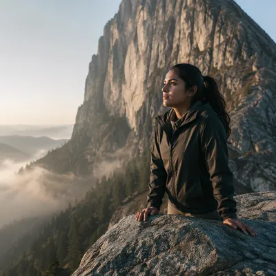 Solitary Hiker on Mountain Rock Ledge
