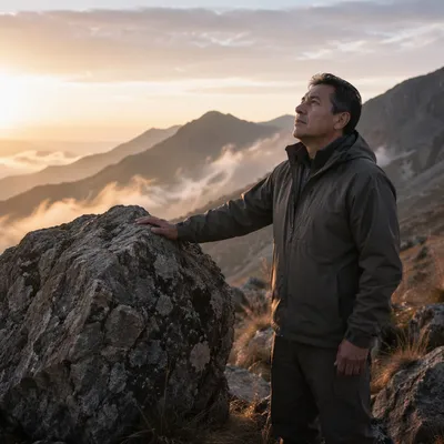 Man Beside Rock on Mountain Dawn