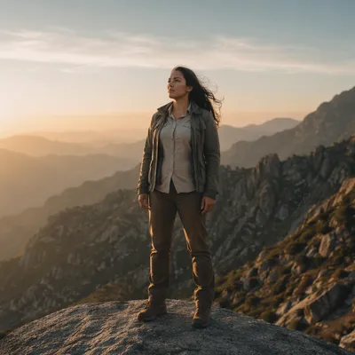 Young Woman on Misty Mountain Ridge