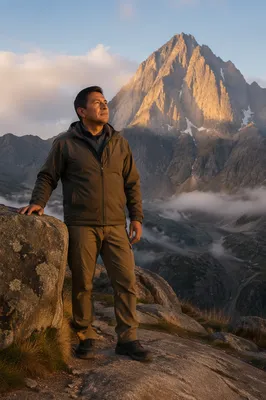 Man on Rock Below Mountain Sunrise