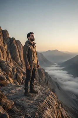 Young Man on Mountain Rock at Dawn