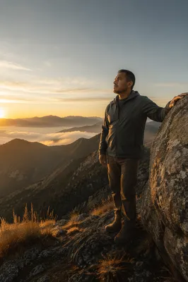 Man Beside Rock on Mountain Dawn