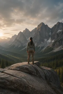 Lone Hiker on Mountain Rock Ledge