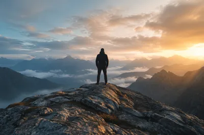 Lone Figure on Mountain Rock at Dawn