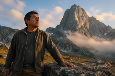 Solitary Man on Rock Before Mountain