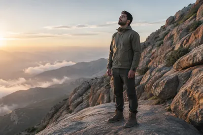 Young Man on Mountain Rock at Dawn