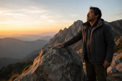 Man by Rock on Mountain Dawn