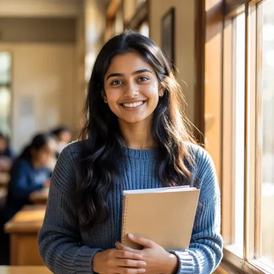 Enthusiastic University Student by Classroom Window
