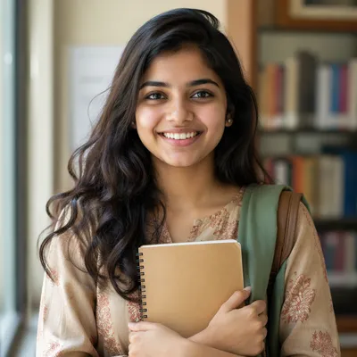 Enthusiastic University Student in Library Portrait