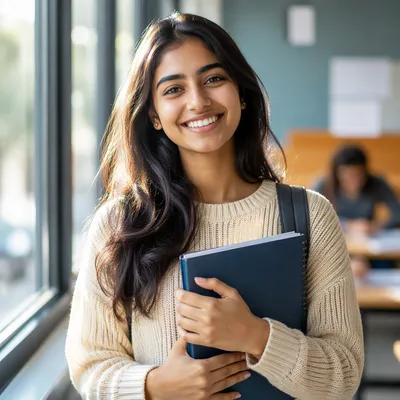 Enthusiastic University Student by Classroom Window