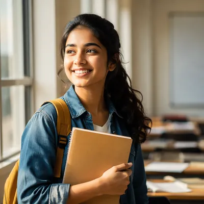 Enthusiastic University Student by Classroom Window